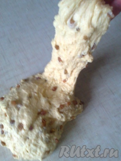 Чем дольше мы месим тесто, тем вкуснее оно получается. Вначале тесто будет вязким и немного липнущим, поэтому руки можно смочить растительным маслом. Затем в тесто добавляем изюм, который заранее необходимо залить кипятком минут на 10, а затем обсушить. Ещё раз вымешиваем тесто, уже с изюмом.
