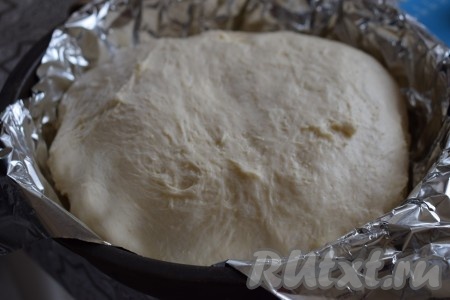 Обминаем тесто, округляем его и перекладываем в форму для выпекания, которую предварительно необходимо застелить фольгой (или пергаментом). Для выпечки берём форму диаметром 24 см.
