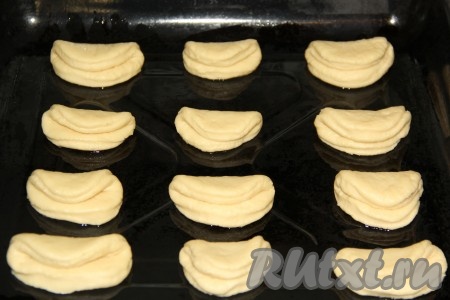 Кружочки теста сложить пополам и выложить на противень, смазанный растительным маслом. Оставить тесто на противне на 20 минут, а затем отправить в разогретую духовку и выпекать булочки при температуре 200 градусов минут 20. Испечённые булочки, достав из духовки, слегка остудить.
