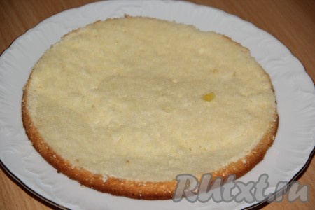 Бисквит разрезать на три части (у вас получатся 3 коржа для торта). Один корж (я использовала корж, который перед разрезанием был нижней частью бисквита) выложить на плоскую тарелку и пропитать любым сиропом. Я использовала сироп от консервированных фруктов.
