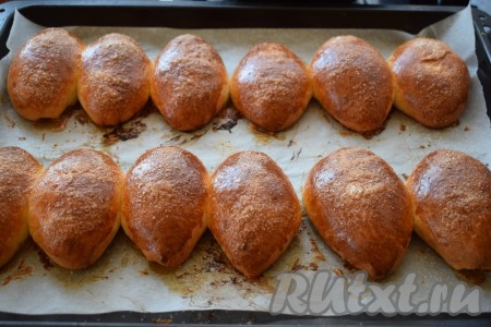 Выпекаем пирожки при температуре 190 градусов 35-40 минут (ориентируйтесь на свою духовку). Готовые румяные и очень пышные пирожки достаём из духовки и снимаем с противня.
