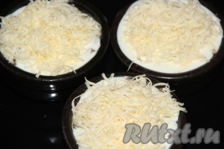 Сыр натереть на тёрке и выложить поверх жульена.