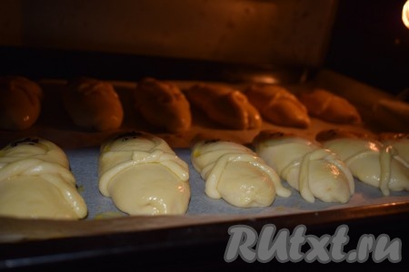 Подошедшие пирожки отправляем в разогретую духовку и выпекаем при температуре 180 градусов, примерно, 35 минут.
