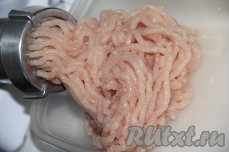 Куриное мясо промыть водой, обсушить, нарезать на части. Кусочки куриного мяса и нарезанную очищенную луковицу пропустить через мясорубку, посолить получившийся фарш, а затем тщательно перемешать.