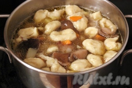 Затем довести до небольшого кипения и сварить галушки. Для этого зачерпывать тесто чайной ложкой и кидать его в суп, периодически перемешивая, чтобы галушки не слиплись между собой. Варить, пока все галушки не всплывут.