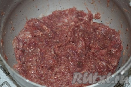 Сначала приготовим фарш, для этого прокрутим на мясорубке мясо, нарезанное на кусочки, и очищенную луковицу, перемешаем, посолим, поперчим и добавим любимые специи. Затем фарш вымешиваем и оставляем для пропитки на 20 минут.
