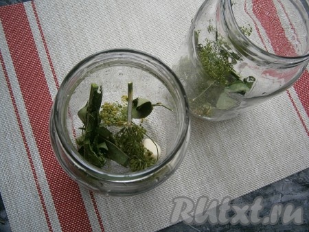 В каждую чистую сухую банку выложить по крупному зубчику чеснока, 1 лист хрена, 1 зонтик укропа и 2-3 листика вишни.
