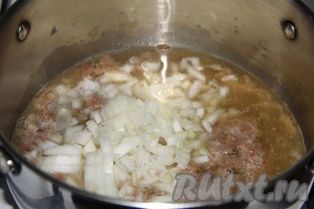 Лук почистить и мелко нарезать. Кастрюлю поставить на огонь, как только тушёнка прогреется, добавить лук и тушить его на среднем огне в течение 5 минут, периодически перемешивая.
