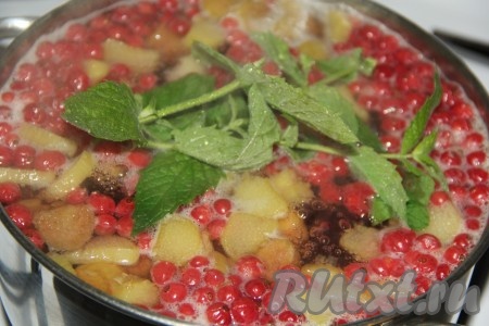 Затем, если добавляете мяту, промойте пару веточек и добавьте в кастрюлю с компотом, доведите до кипения и снимите с огня. Дать напитку из ревеня и красной смородины, накрыв кастрюлю крышкой, полностью остыть. При желании, компот можно поставить в холодильник и дать ему хорошо настояться.