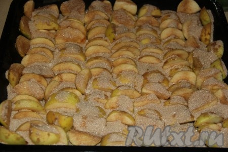 Посыпать яблочные дольки сахарно-коричной смесью.