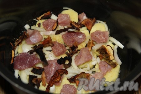 Затем выложить часть шампиньонов, нарезанных на пластины (или часть сушёных грибов).
