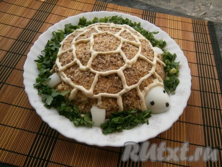 Салат оставить в прохладном месте для пропитки слоёв на 30-40 минут, затем по кругу украсить черепашку измельчённой зеленью лука и петрушки.
