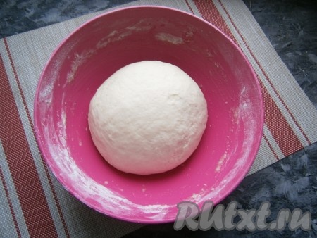 Тесто вымешивать минут 10, оно вначале будет липким, но муки много не добавляйте, ею нужно только подпылять поверхность стола. В итоге тесто должно получиться не липким и мягким. Миску смазать растительным маслом и поместить в неё тесто, накрыть плёнкой и оставить в тёплом месте на 1 час.
