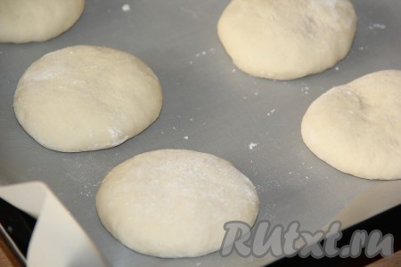 Выложить получившиеся толстые лепёшки на небольшом расстоянии друг от друга (булочки увеличатся в процессе выпечки) на противень, застеленный ковриком  (или пергаментом) для выпечки. Оставить булочки для расстойки на 30 минут.