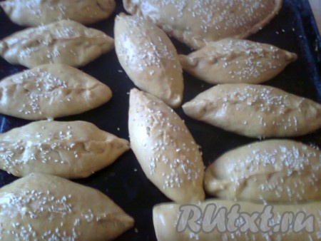 Выпекать пирожки в разогретой до 200 градусов духовке 25-30 минут (до румяности). Ориентируйтесь по вашей духовке.
