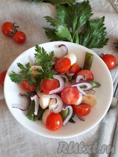 Яркий, вкусный салат из стручковой фасоли, помидоров и моцареллы выложить в салатницу, украсить по своему усмотрению и сразу же подать к столу.