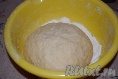 Перемешиваем все ингредиенты между собой и начинаем замешивать тесто. Вымешиваем дрожжевое тесто для пирожков руками в течение 10 минут. В результате у нас должно получиться лёгкое, нежное тесто, которое не липнет к рукам, но и очень охотно держит форму, немного расплываясь по миске.
