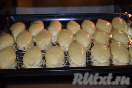 Сырое яйцо разбиваем в стакан и перемешиваем его вилкой. Смазываем пирожки при помощи кулинарной кисти взбитым яйцом. Отправляем противень с пирожками с повидлом на расстойку, примерно, на 20 минут. Затем ставим в разогретую духовку и выпекаем при температуре 180 градусов, ориентировочно, 30-35 минут.
