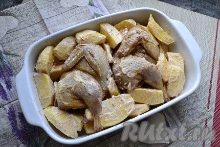 Разместить картофель вокруг и между перепелами.