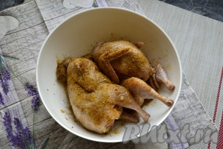 Перепелов посыпать немного солью и приправой для птицы со всех сторон.
