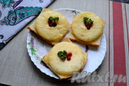 Готовые бутерброды выложить на тарелку, украсить ягодами красной смородины и зеленью.&nbsp;
