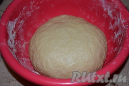 Вымешиваем тесто руками, примерно, 8-10 минут (до гладкости). По консистенции тесто получается очень мягким, лёгким, не липнет к рукам и столу. Замешанное тесто накрываем плёнкой и оставляем в тёплом месте без сквозняков на 1 час.