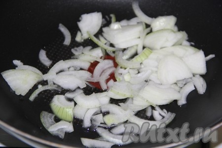 Лук почистить и нарезать тонкими полукольцами. В сковороду влить растительное масло и выложить полукольца лука.