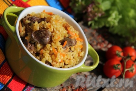 Подать булгур с куриными сердечками в горячем виде. Попробуйте, получается очень вкусно и сытно, да ещё и не хлопотно готовить!
