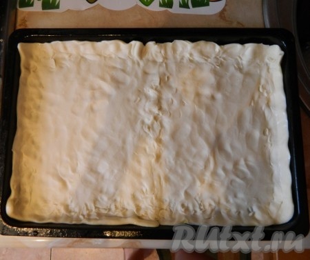 Тесто раскатываем до размеров противня, укладываем на смазанный маслом противень