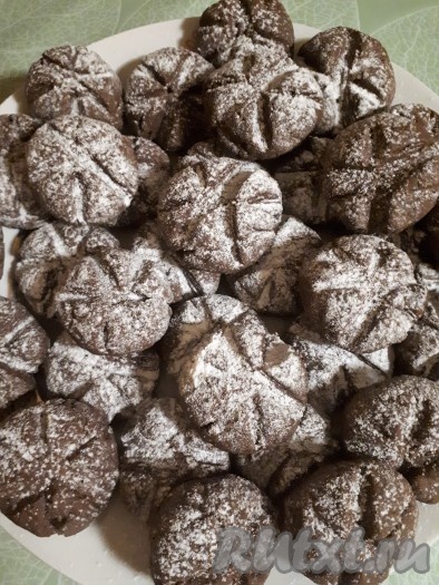 Готовое вкусное, рассыпчатое шоколадное печенье переложить на блюдо, дать немного остыть и посыпать сахарной пудрой.
