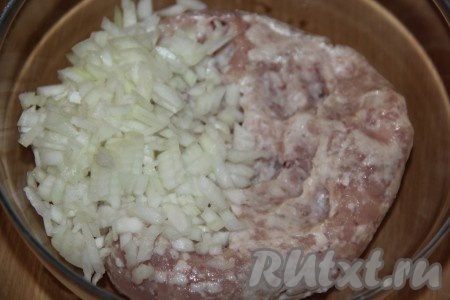 Фарш можно использовать покупной, я перекрутила кусочки свинины через мясорубку. Лук почистить, мелко нарезать, выложить к фаршу.