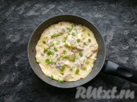 Накрыть сковороду крышкой, огонь сделать минимальным. Готовить омлет с фаршем около 10 минут (пока верх его не станет сухим). Готовое блюдо снять с огня и посыпать измельчённым зелёным луком.
