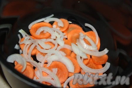 Следующим слоем выложить очищенную луковицу, нарезанную кольцами (или полукольцами), слегка посолить овощи.
