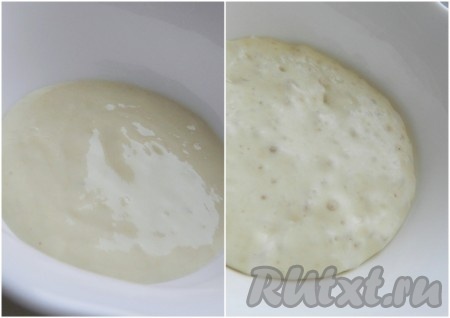 Приготовить опару. Для этого смешать муку и дрожжи, развести водой и оставить в теплом месте на 2,5-3 часа. Не беспокоить. Опара должна увеличиться в два раза, поверхность покрыться множеством пузырьков.