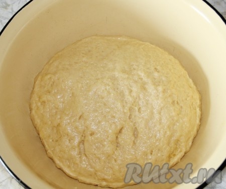 Вымешанное тесто отправляем в миску. Накрываем полотенцем и ставим в тёплое место. Я всегда ставлю миску с тестом на кастрюлю с предварительно доведённой до кипения водой (миска с тестом не должна касаться воды). Таким образом кипяток в кастрюле будет греть низ нашей миски с тестом и тесто будет быстрее подниматься.&nbsp;
