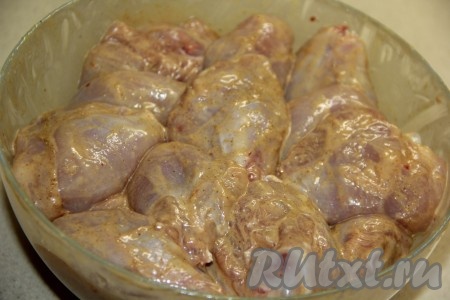 Тщательно перемешать кусочки курицы с маринадом и оставить на пару часов в прохладном месте.