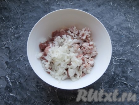 Добавить нарезанный маленькими кусочками свиной шпик и мелко нарезанный очищенный репчатый лук.
