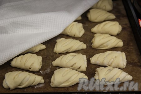 Выложить сформированные пирожки на небольшом расстоянии друг от друга (всего получится 24-26 штук) на противень, застеленный тефлоновым ковриком (или бумагой для выпечки), накрыть полотенцем и оставить на расстойку на 30 минут.
