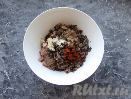 Выложить остывшие шампиньоны в миску с мясом, добавить пропущенный через пресс чеснок, соль, кориандр, молотый чёрный перец и паприку.
