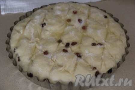 Смазать пирог взбитым яичным желтком, присыпать верх 2 столовыми ложками сахара. Выпекать пирог с изюмом в разогретой духовке минут 35 при температуре 200 градусов.