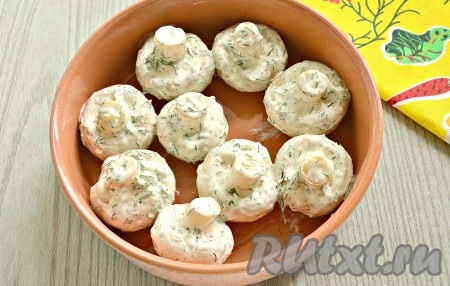 Дно формы для запекания нужно смазать растительным маслом. Выложить грибы шляпками вниз в один слой.