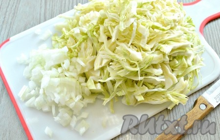 С белокочанной капусты снимаем верхние листы, срезаем кочерыжку. Нарезаем капусту тонко. Очищаем репчатый лук, нарезаем его на небольшие кусочки.