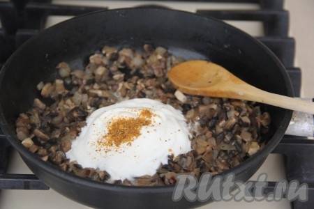 По прошествии времени добавить в сковороду сметану, соль и специи, перемешать, томить 1 минуту.