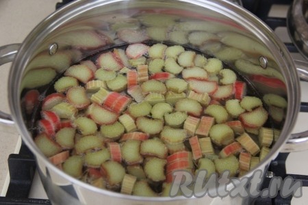 Поставить кастрюлю на огонь, довести сироп с ревенем до кипения, а затем проварить на умеренном огне в течение 5-6 минут. 