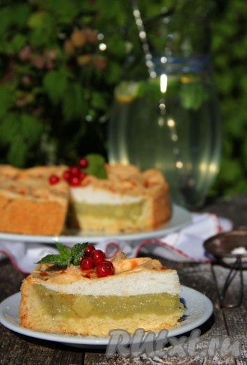 Нарезать наивкуснейший пирог с ревенем и безе на кусочки и подать к столу. 