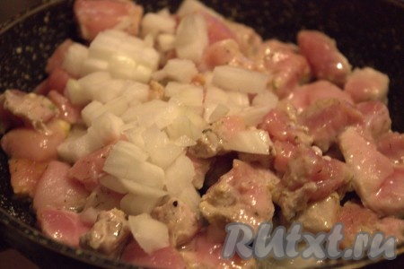 В сковороде разогреть растительное масло, выложить кусочки мяса. Обжарить в течение 2-3 минут, затем добавить очищенный и нарезанный на мелкие кубики лук, немного посолить, влить воду (или овощной бульон).