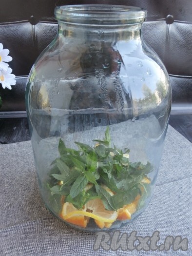 В сухую простерилизованную банку поместить апельсины, лимоны и листики мяты.