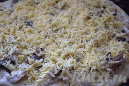 Затем начинку обильно посыпать натёртым сыром и, по желанию, присыпать любимыми специями (я использовала приправу "Итальянские травы"). Выпекать пиццу "Жульен" с курицей и грибами в заранее разогретой духовке при температуре 200 градусов минут 20.