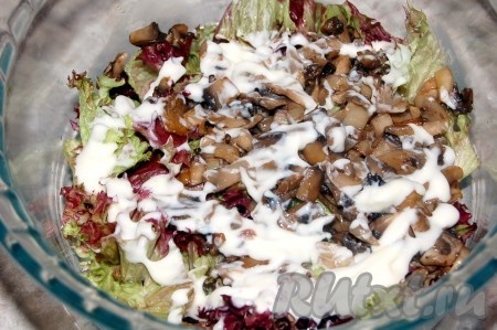 Каждый слой промазывать небольшим количеством майонеза. Кто не любит майонез, может использовать любое растительное масло.