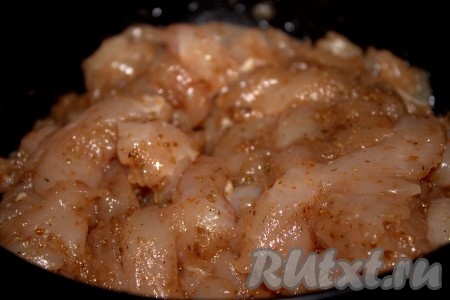 Кусочки куриного мяса приправить специями по вкусу, посолить и оставить на 15-20 минут при комнатной температуре (я оставила мясо пропитаться специями на ночь в холодильнике).